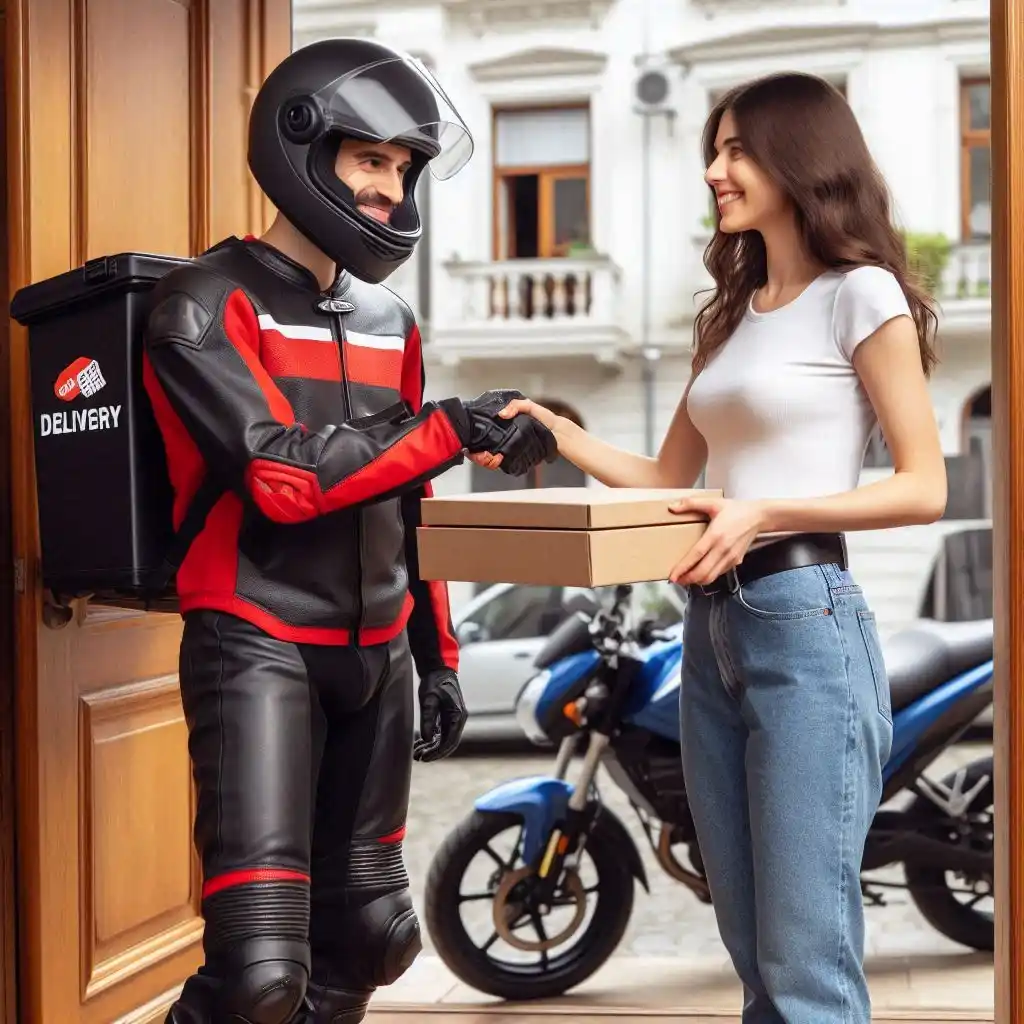 A delivery rider handing over a delivery